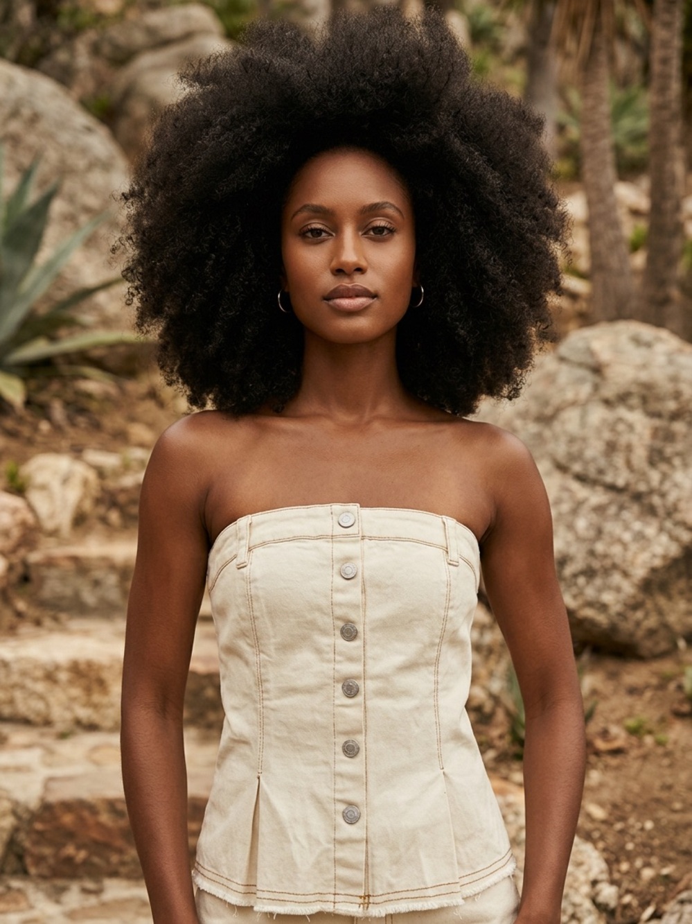 Strapless Button-Front Corset Top in Beige